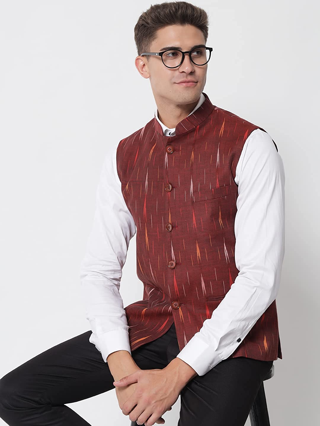 Vastraa Fusion Modi Jacket / Waistcoat - Khadi Look in Mix Ikat Patterns - South Cotton Nehru Jacket