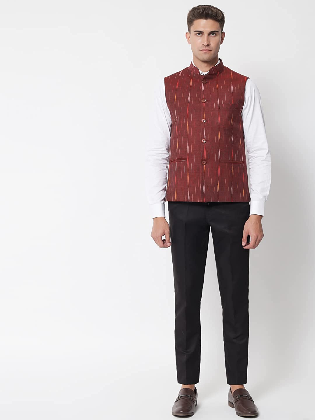 Vastraa Fusion Modi Jacket / Waistcoat - Khadi Look in Mix Ikat Patterns - South Cotton Nehru Jacket