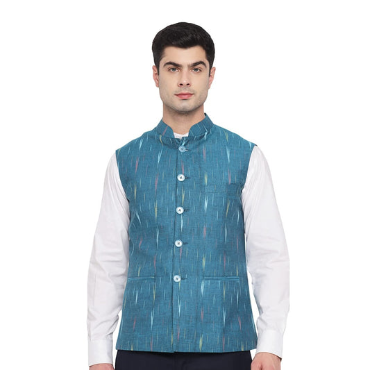 Vastraa Fusion Modi Jacket / Waistcoat - Khadi Look in Mix Ikat Patterns - South Cotton Nehru Jacket
