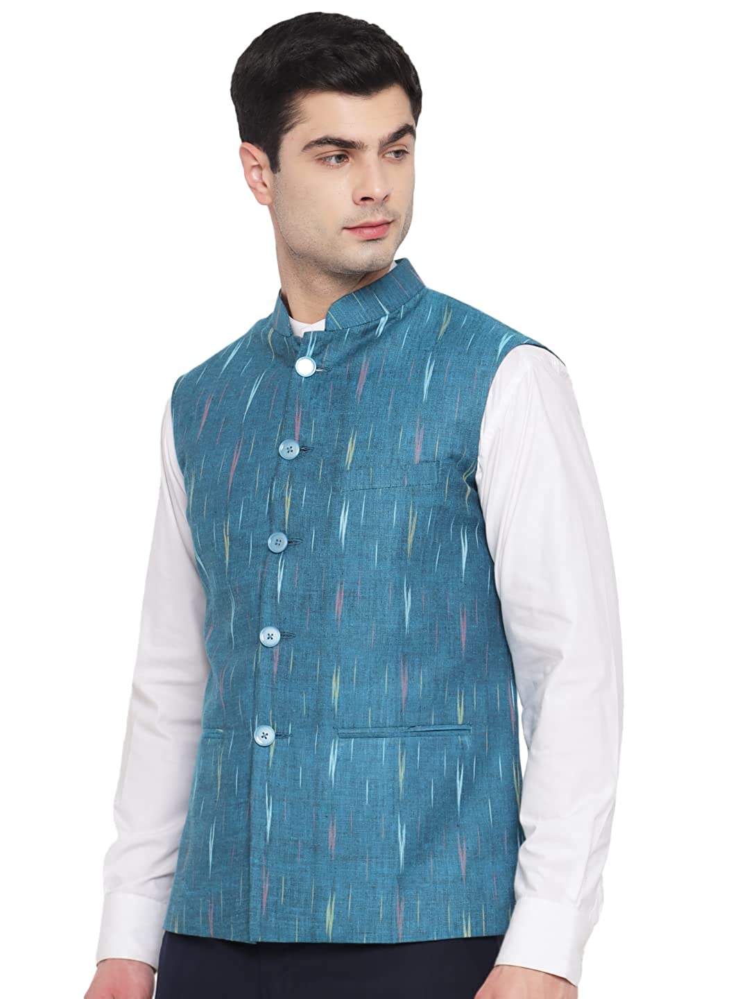 Vastraa Fusion Modi Jacket / Waistcoat - Khadi Look in Mix Ikat Patterns - South Cotton Nehru Jacket