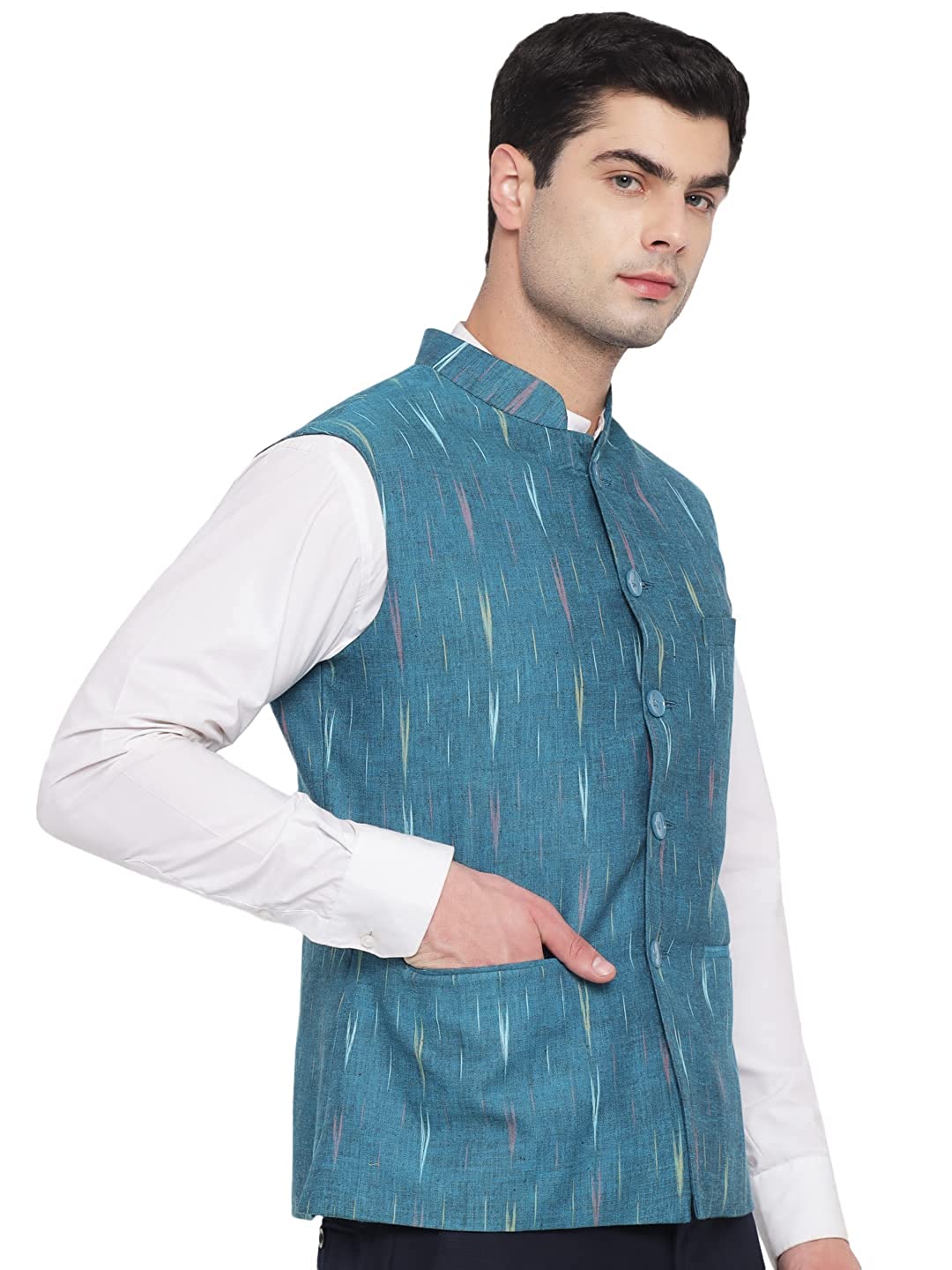 Vastraa Fusion Modi Jacket / Waistcoat - Khadi Look in Mix Ikat Patterns - South Cotton Nehru Jacket