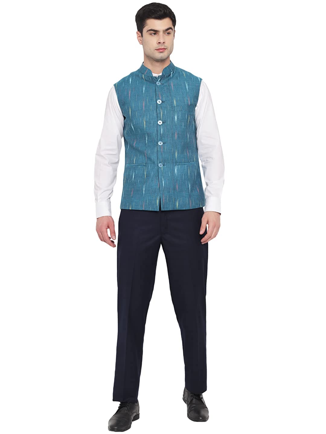 Vastraa Fusion Modi Jacket / Waistcoat - Khadi Look in Mix Ikat Patterns - South Cotton Nehru Jacket