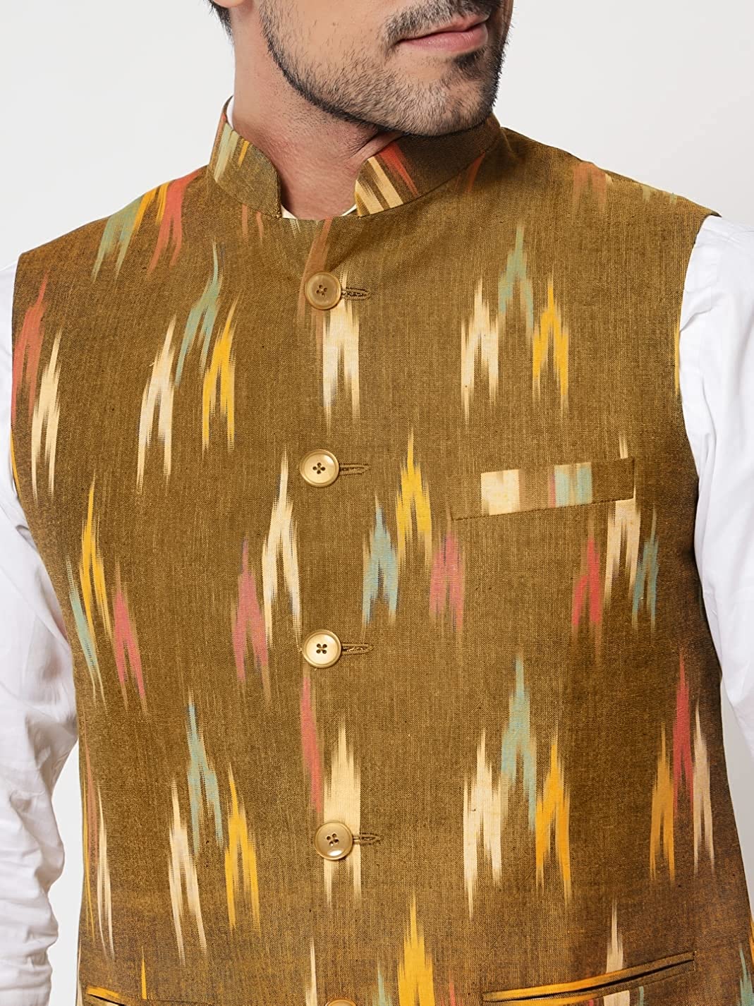 Vastraa Fusion Modi Jacket / Waistcoat - Khadi Look in Mix Ikat Patterns - South Cotton Nehru Jacket