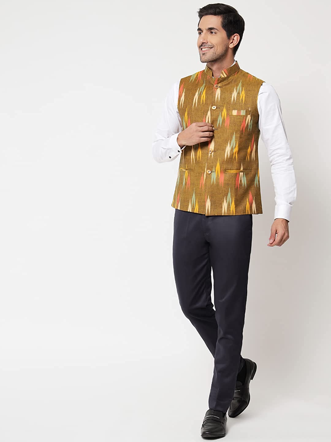 Vastraa Fusion Modi Jacket / Waistcoat - Khadi Look in Mix Ikat Patterns - South Cotton Nehru Jacket