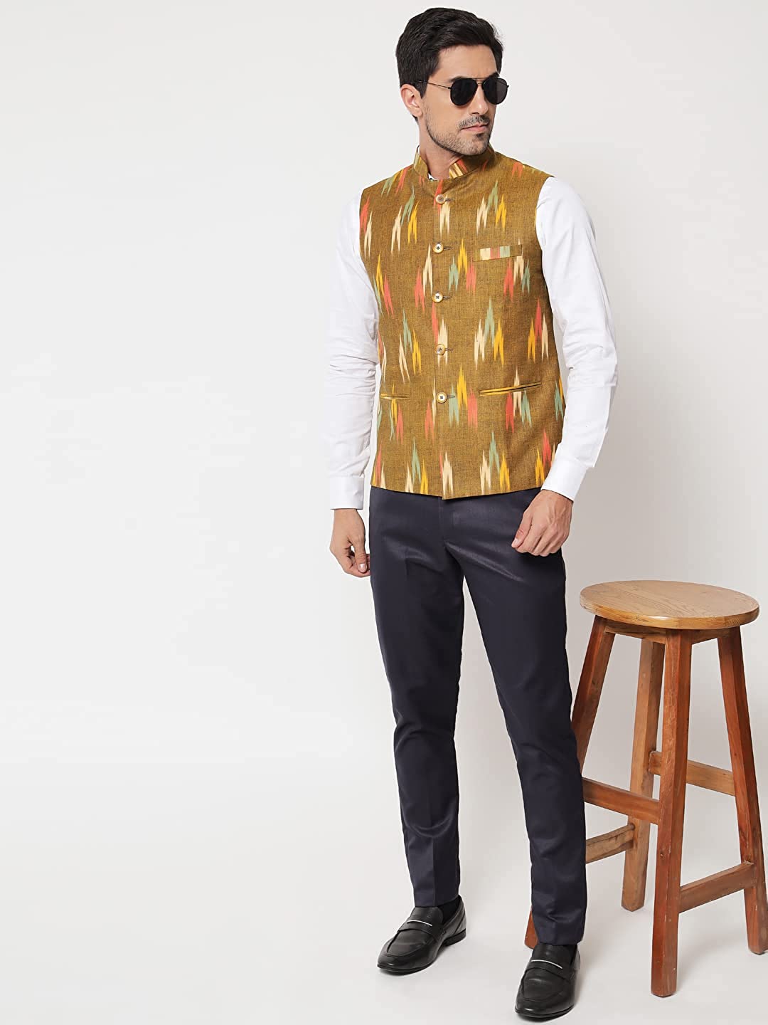 Vastraa Fusion Modi Jacket / Waistcoat - Khadi Look in Mix Ikat Patterns - South Cotton Nehru Jacket