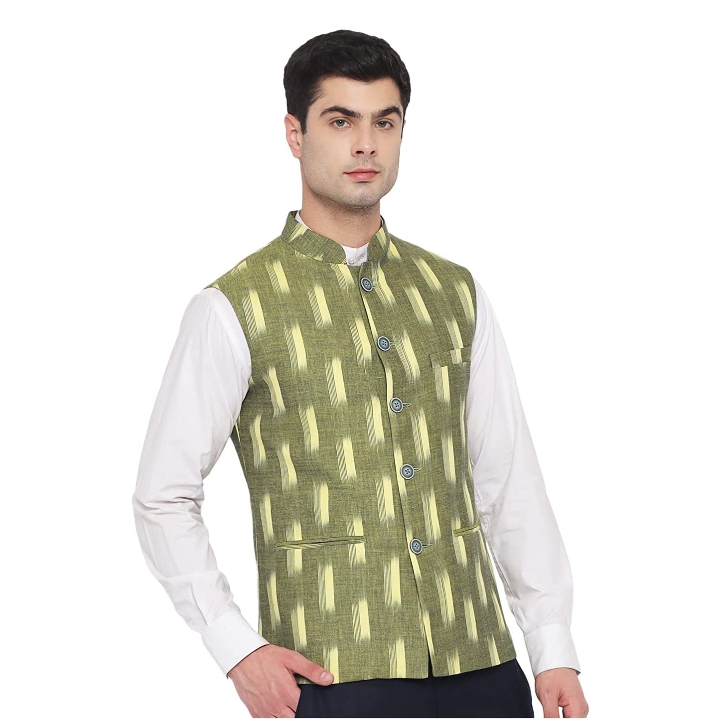 Vastraa Fusion Modi Jacket / Waistcoat - Khadi Look in Mix Ikat Patterns - South Cotton Nehru Jacket
