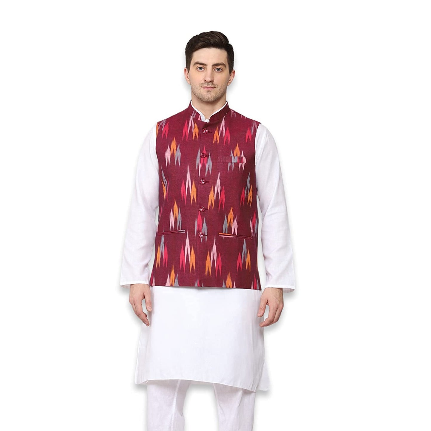 Vastraa Fusion Modi Jacket / Waistcoat - Khadi Look in Mix Ikat Patterns - South Cotton Nehru Jacket