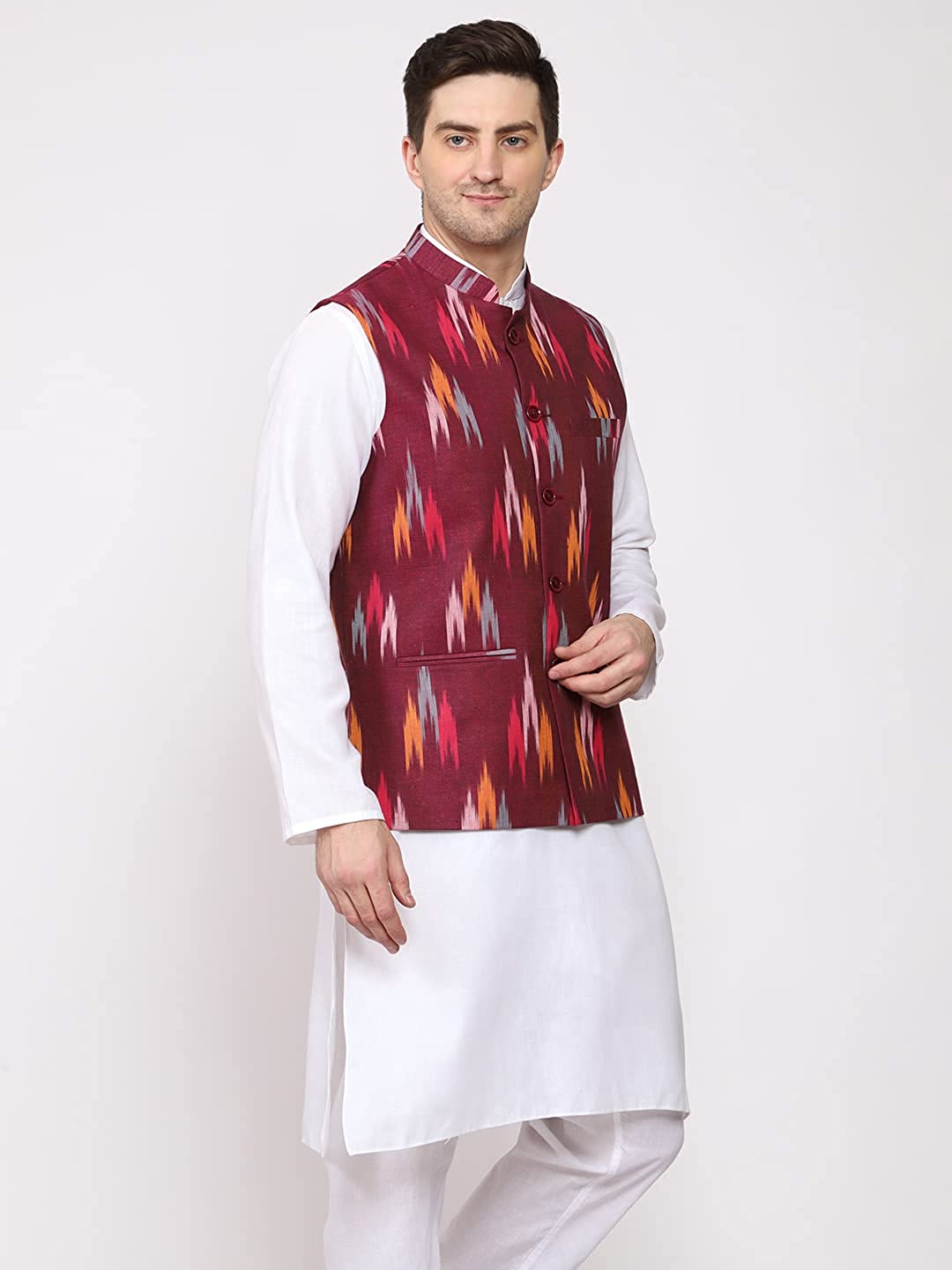 Vastraa Fusion Modi Jacket / Waistcoat - Khadi Look in Mix Ikat Patterns - South Cotton Nehru Jacket