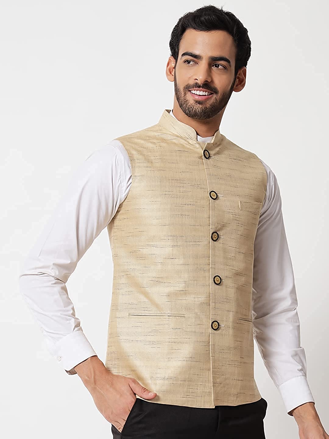 Vastraa Fusion Modi Jacket / Waistcoat Cotton Silk Look in Textured Print Nehru Jacket