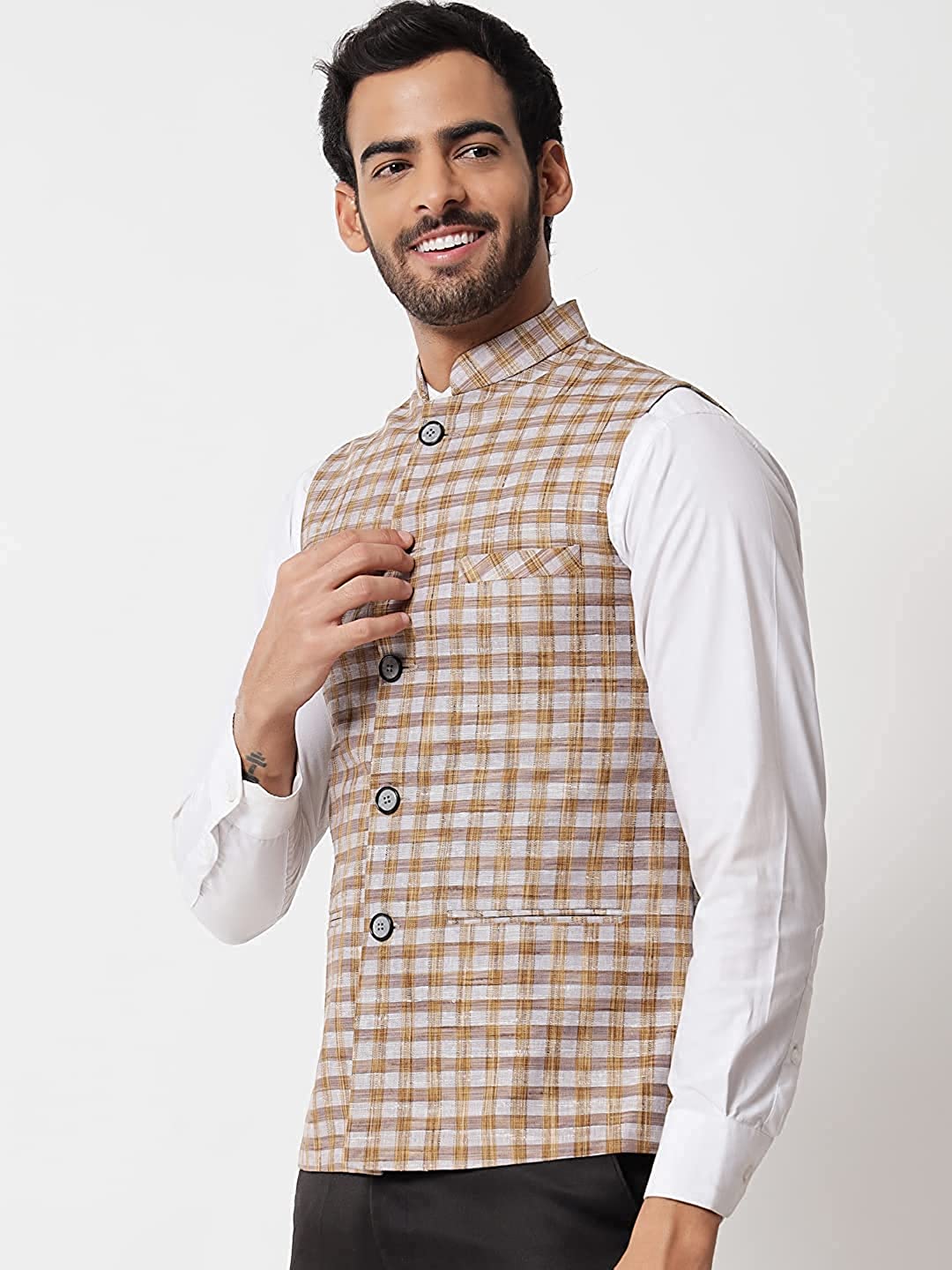 Vastraa Fusion Modi Jacket / Waistcoat - Chabila Block Check Patterns - South Cotton Jacket