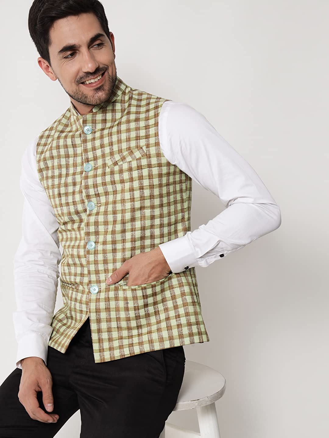 Vastraa Fusion Modi Jacket / Waistcoat - Chabila Block Check Patterns - South Cotton Jacket