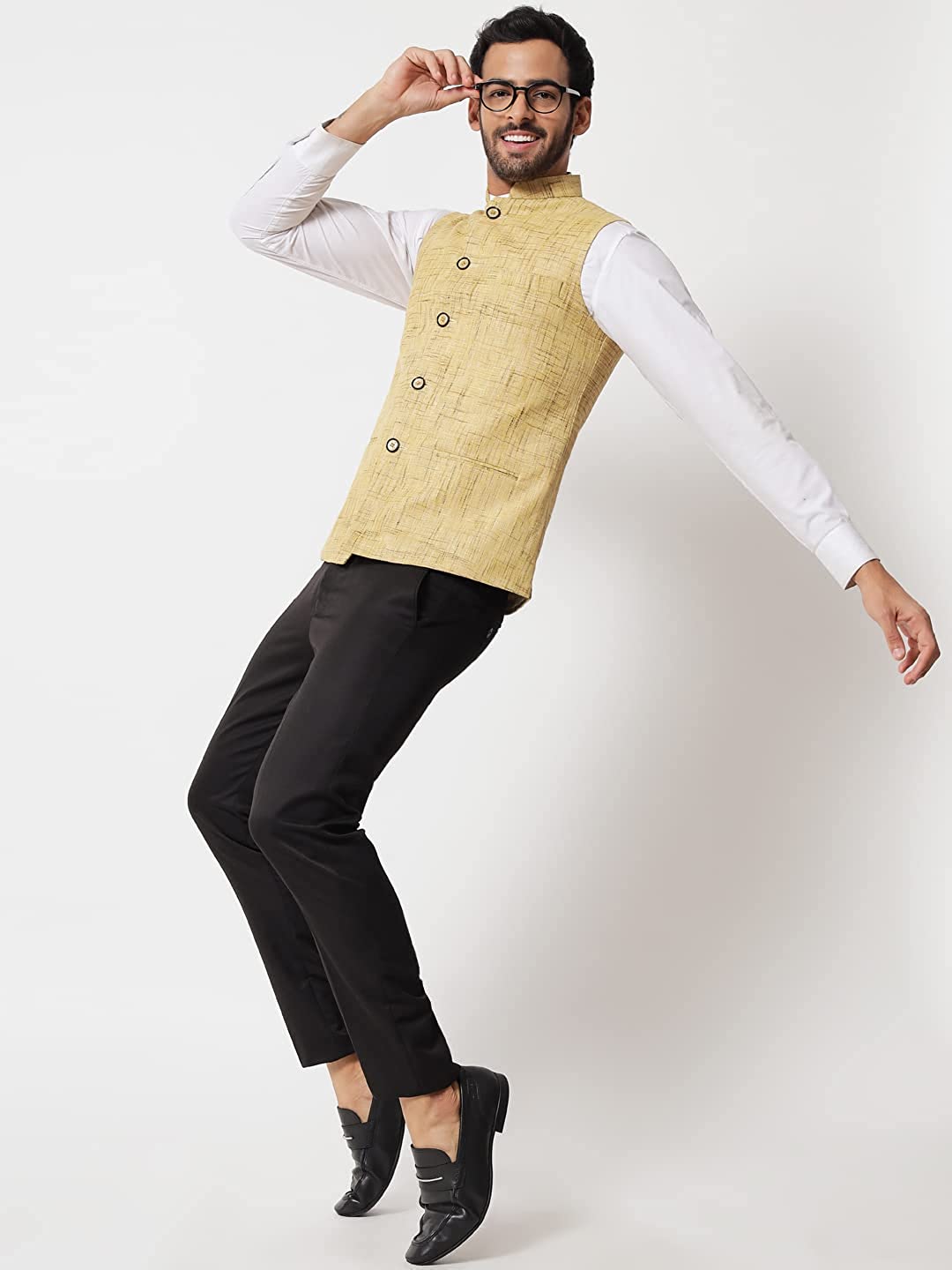 Vastraa Fusion Modi Jacket Waistcoat Ghichha Khadi Cotton-Handloom Textured Print Nehru Jacket