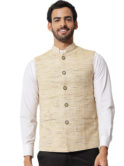 Vastraa Fusion Modi Jacket Waistcoat Ghichha Khadi Cotton-Handloom Textured Print Nehru Jacket