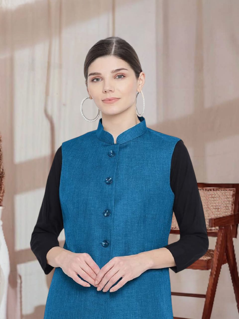 Vastraa Fusion Ladies Modi Jacket / Waistcoat - Plain Solid Colurs - Cotton Mix Nehru Jacket