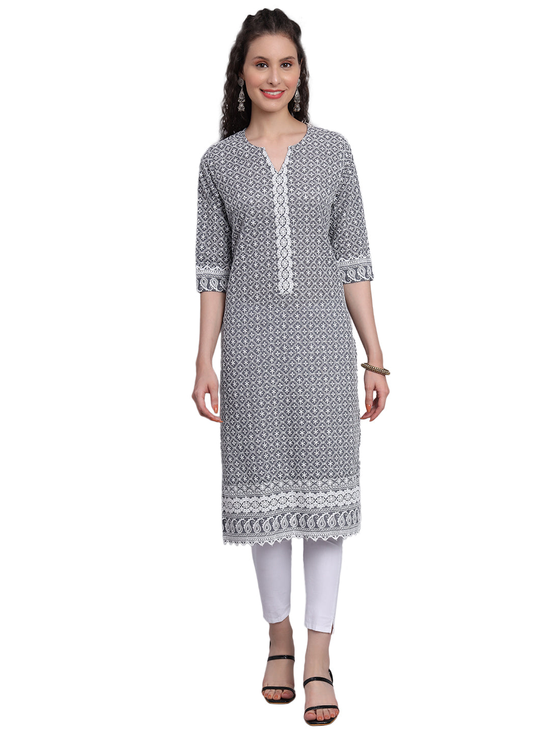 Designer Latest Hand Embroidered Lucknowi Chikankari Embroidery Cotton Kurta Kurti for Women