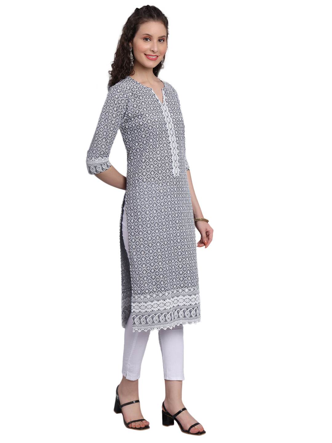 Designer Latest Hand Embroidered Lucknowi Chikankari Embroidery Cotton Kurta Kurti for Women