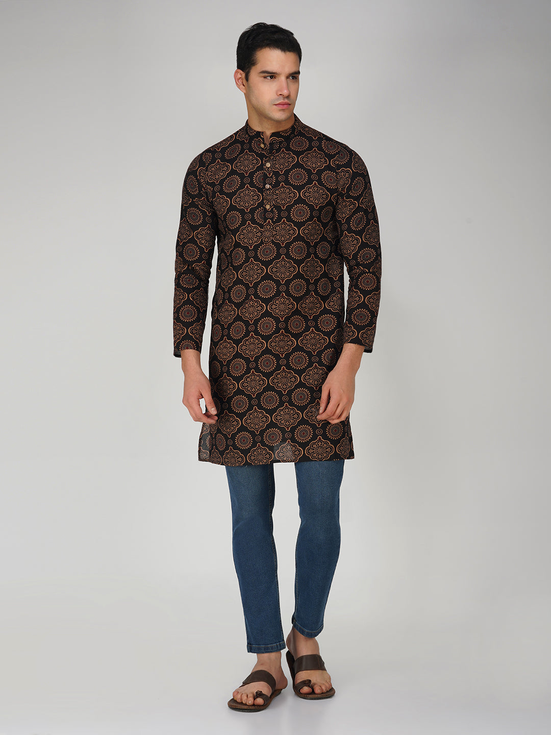 Vastraa Fusion Men's Printed Kurta Pure Cotton Long Kurta, Round Collar, Full Sleeves, Button Kurta, Ethnic Wear