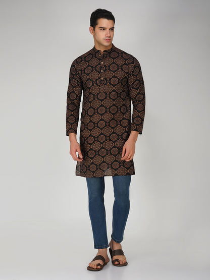 Vastraa Fusion Men's Printed Kurta Pure Cotton Long Kurta, Round Collar, Full Sleeves, Button Kurta, Ethnic Wear
