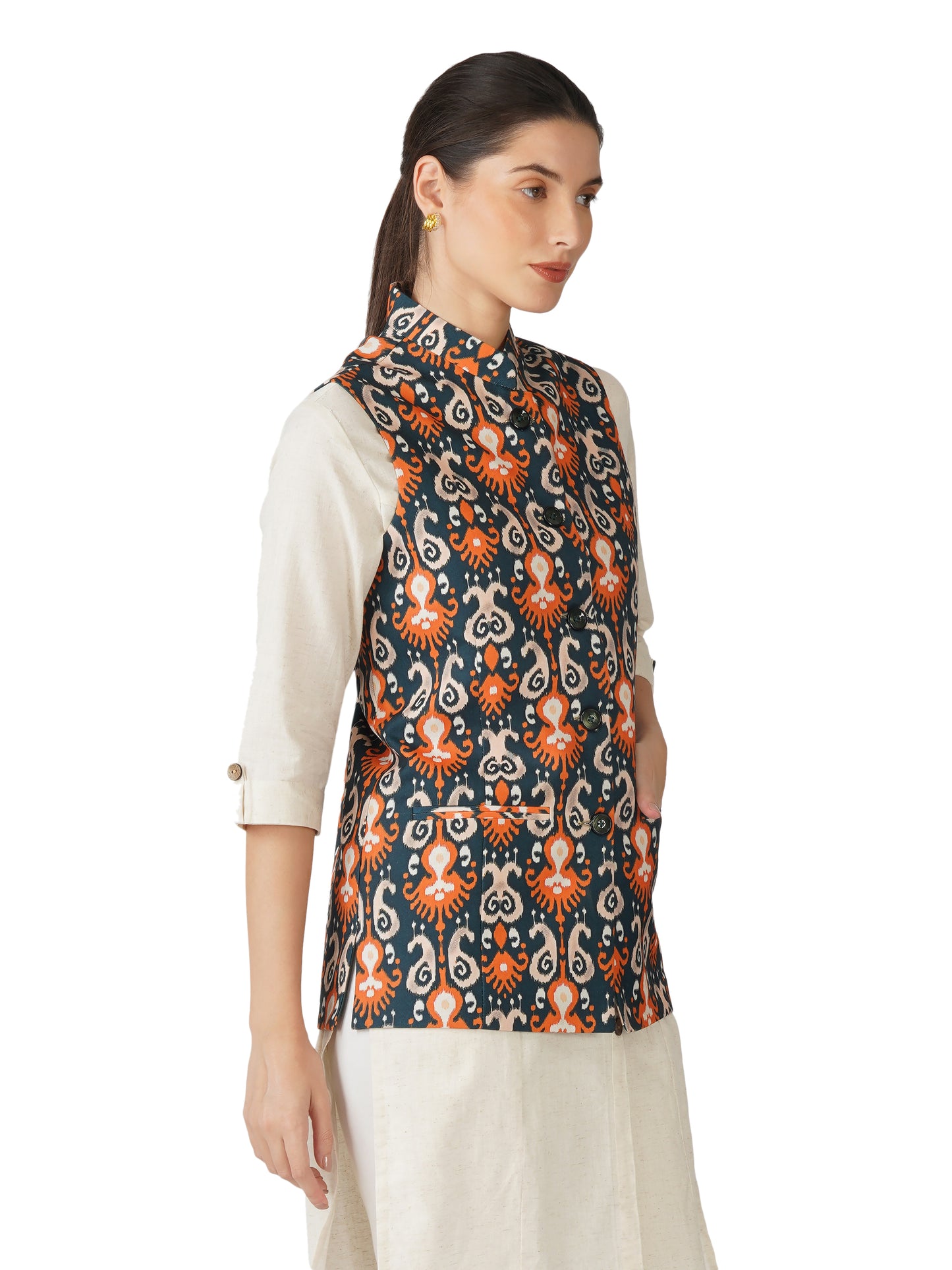 Digital Printed - Mango Silk Nehru Jacket Ladies Modi Jacket / Waistcoat