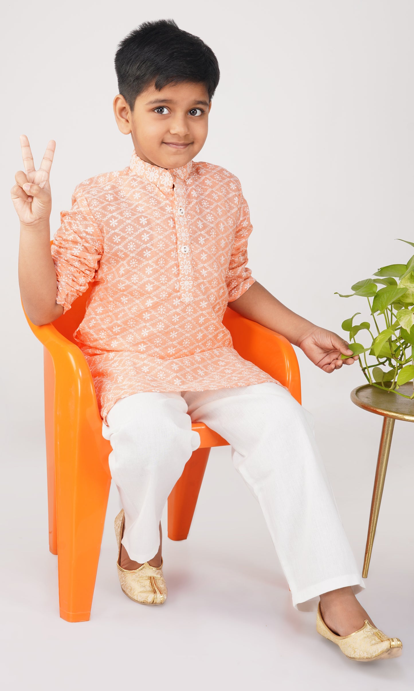 Vastraa Fusion Kid's Chikan Embroidery Kurta Pure Cotton Long Kurta