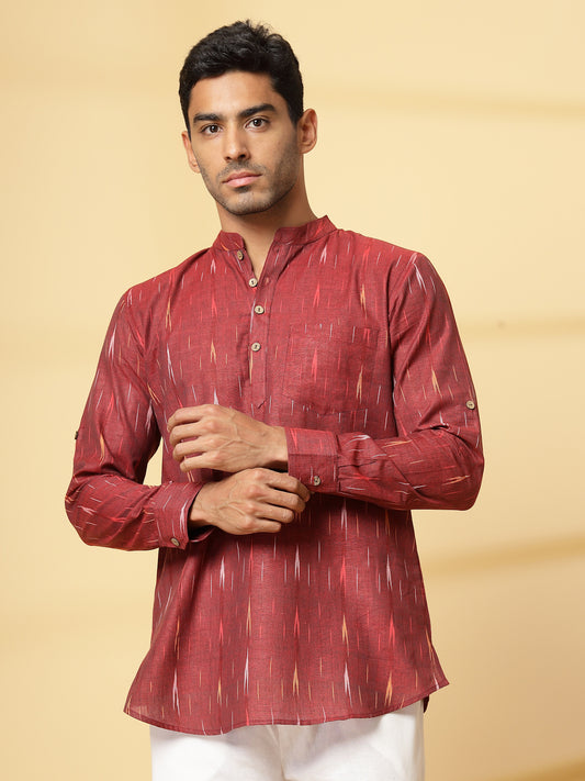Vastraa Fusion Men's Handloom Weaving Pure Cotton Short Kurta, Round Collar, Full Sleeves,Button Kurta, Ethnic Wear