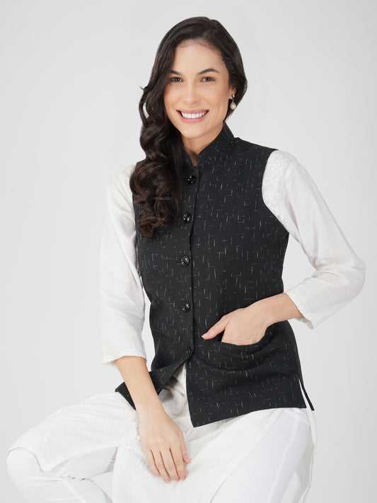 Ladies Modi Nehru Jacket / Waistcoat - Khadi Look in Mix Ikat Patterns Jacket