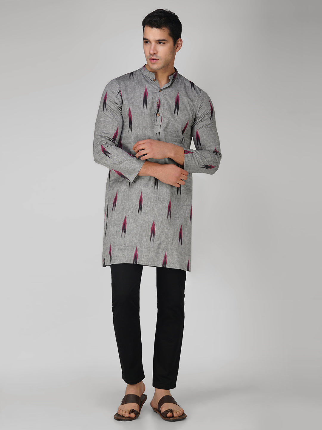 Vastraa Fusion Men's Printed Kurta Pure Cotton Long Kurta, Round Collar, Full Sleeves, Button Kurta, Ethnic Wear