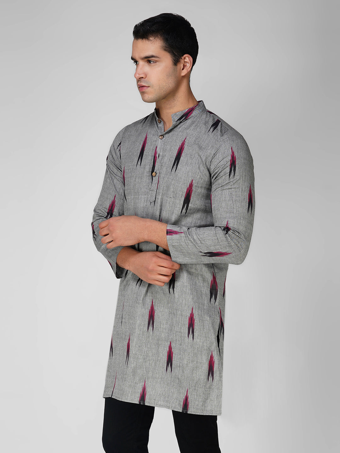 Vastraa Fusion Men's Printed Kurta Pure Cotton Long Kurta, Round Collar, Full Sleeves, Button Kurta, Ethnic Wear