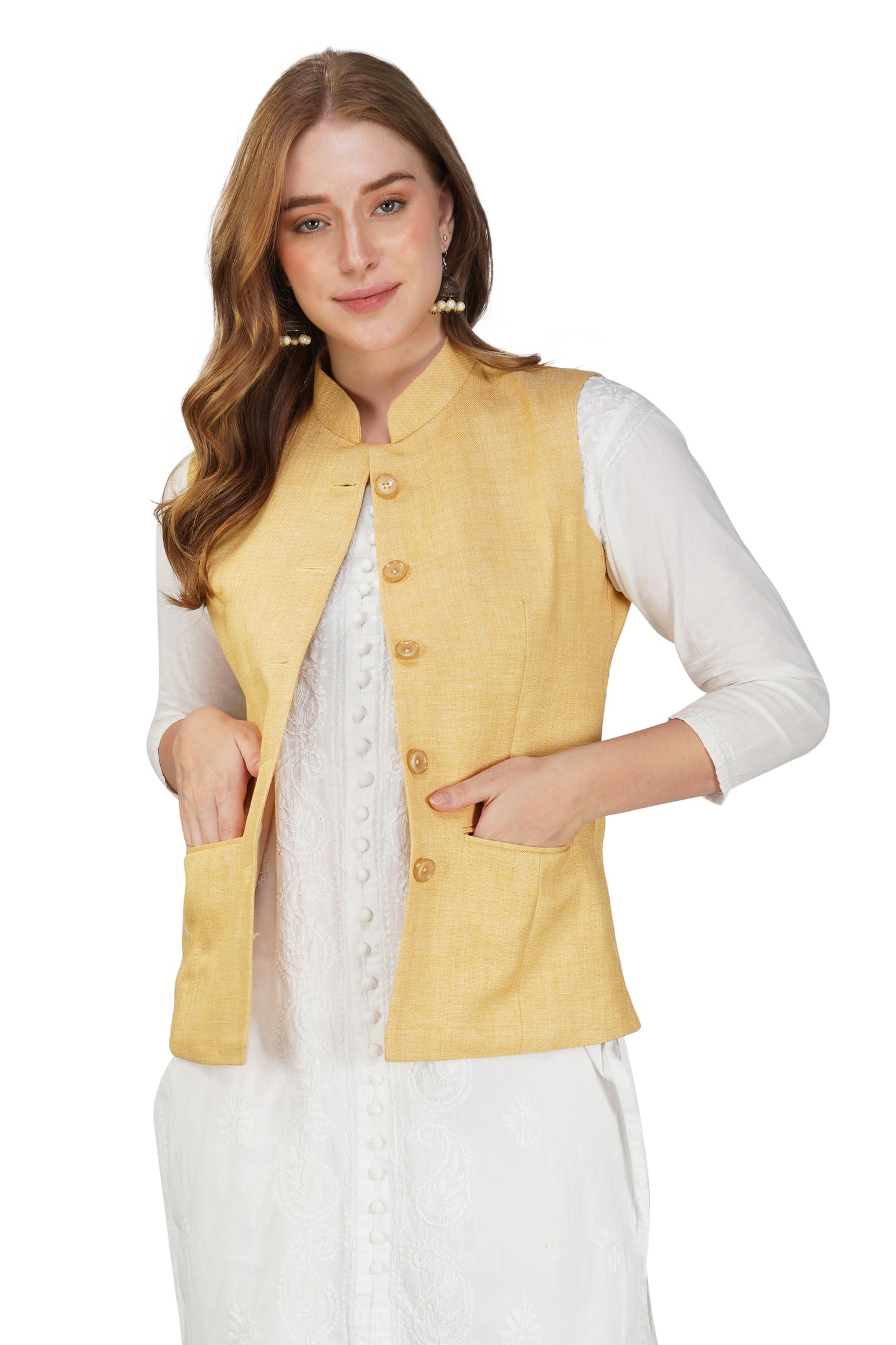 Vastraa Fusion Ladies Modi Jacket / Waistcoat - Plain Solid Colors - Cotton Mix Nehru Jacket