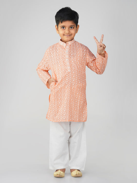 Vastraa Fusion Kid's Chikan Embroidery Kurta Pure Cotton Long Kurta
