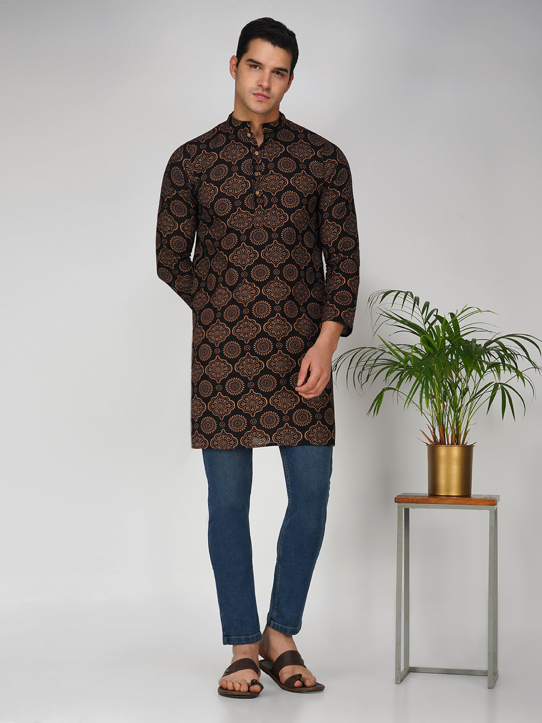 Vastraa Fusion Men's Printed Kurta Pure Cotton Long Kurta, Round Collar, Full Sleeves, Button Kurta, Ethnic Wear