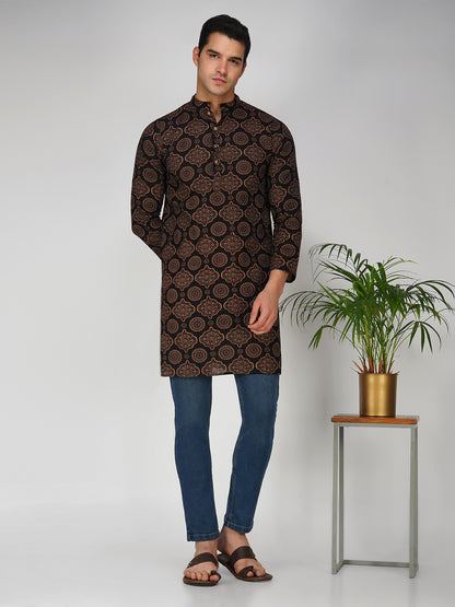 Vastraa Fusion Men's Printed Kurta Pure Cotton Long Kurta, Round Collar, Full Sleeves, Button Kurta, Ethnic Wear