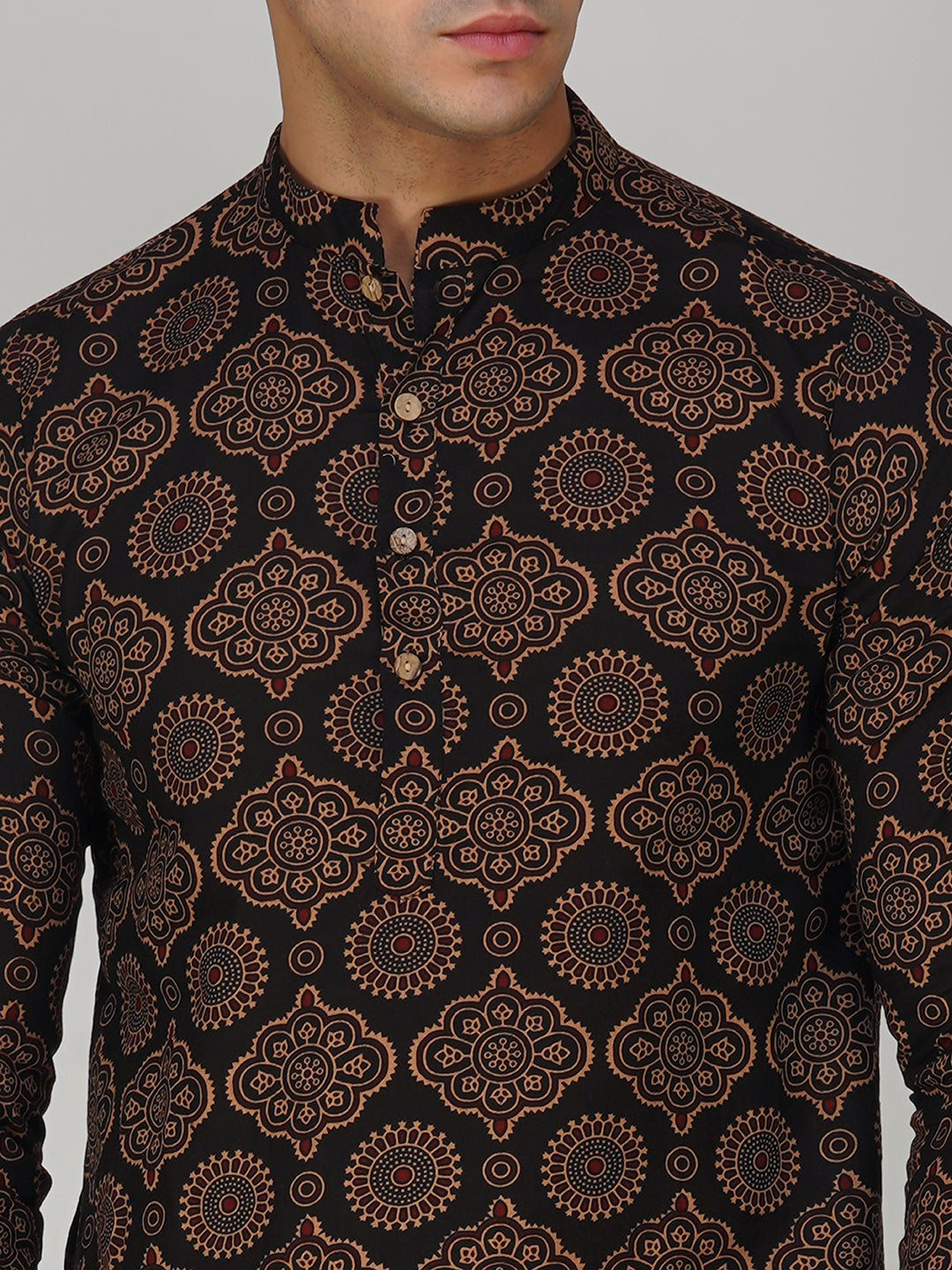 Vastraa Fusion Men's Printed Kurta Pure Cotton Long Kurta, Round Collar, Full Sleeves, Button Kurta, Ethnic Wear