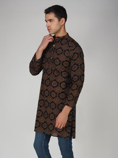 Vastraa Fusion Men's Printed Kurta Pure Cotton Long Kurta, Round Collar, Full Sleeves, Button Kurta, Ethnic Wear
