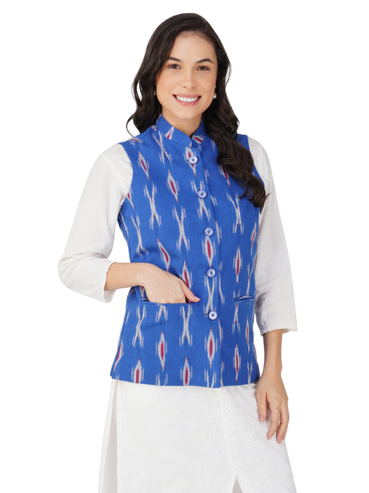 Ladies Modi Nehru Jacket / Waistcoat - Khadi Look in Mix Ikat Patterns Jacket