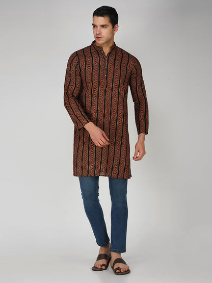 Vastraa Fusion Men's Printed Kurta Pure Cotton Long Kurta, Round Collar, Full Sleeves, Button Kurta, Ethnic Wear