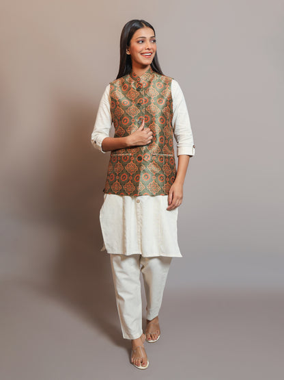 Digital Printed - Mango Silk Nehru Jacket Ladies Modi Jacket / Waistcoat