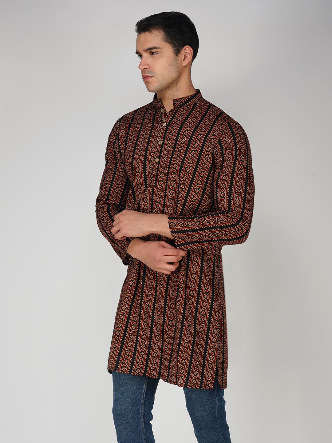 Vastraa Fusion Men's Printed Kurta Pure Cotton Long Kurta, Round Collar, Full Sleeves, Button Kurta, Ethnic Wear