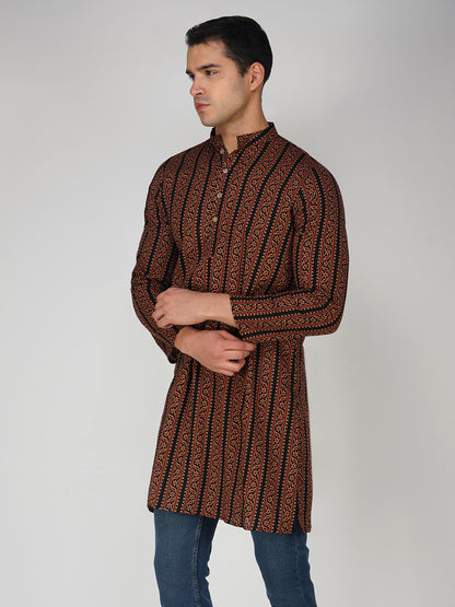 Vastraa Fusion Men's Printed Kurta Pure Cotton Long Kurta, Round Collar, Full Sleeves, Button Kurta, Ethnic Wear