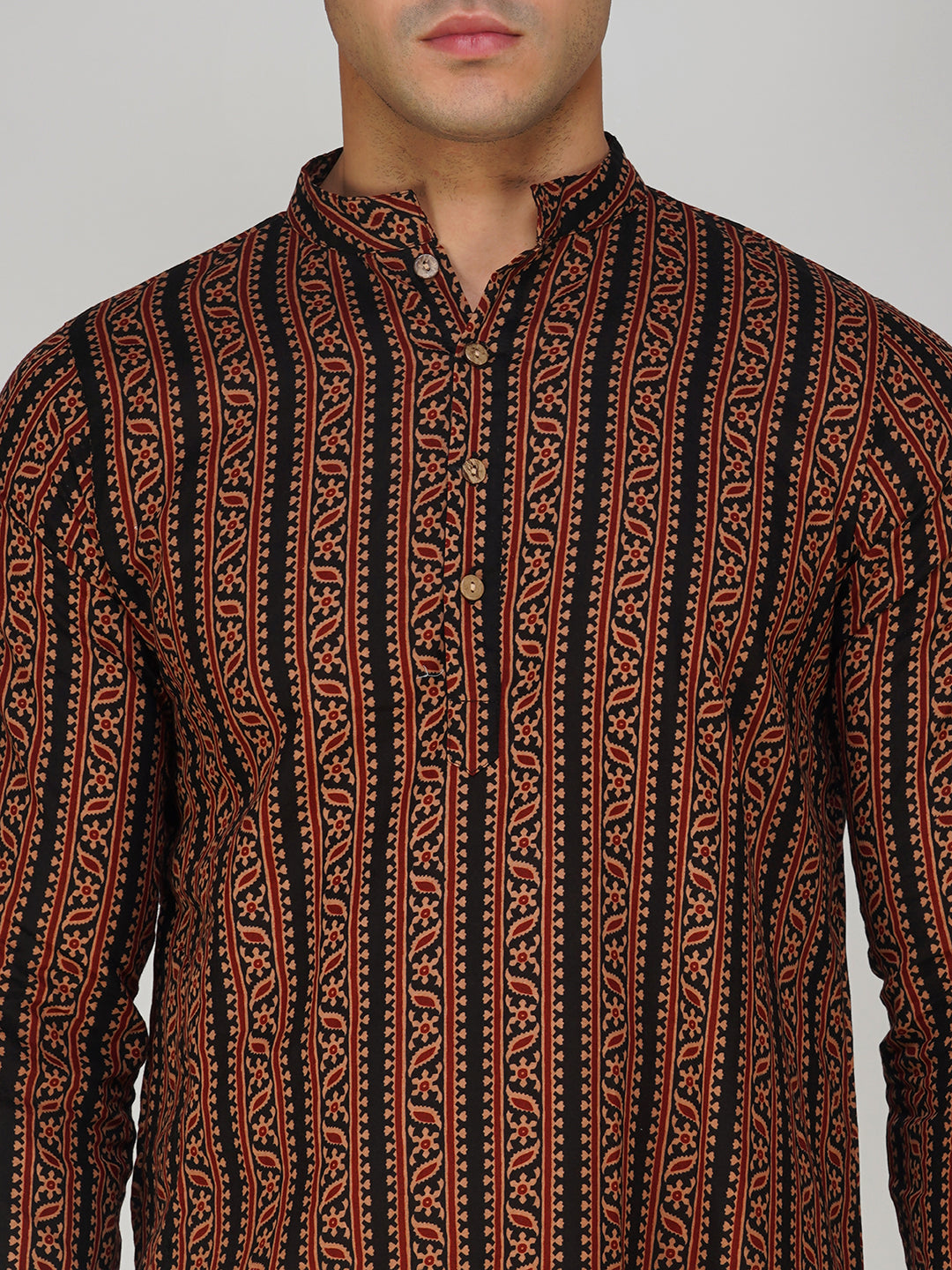 Vastraa Fusion Men's Printed Kurta Pure Cotton Long Kurta, Round Collar, Full Sleeves, Button Kurta, Ethnic Wear