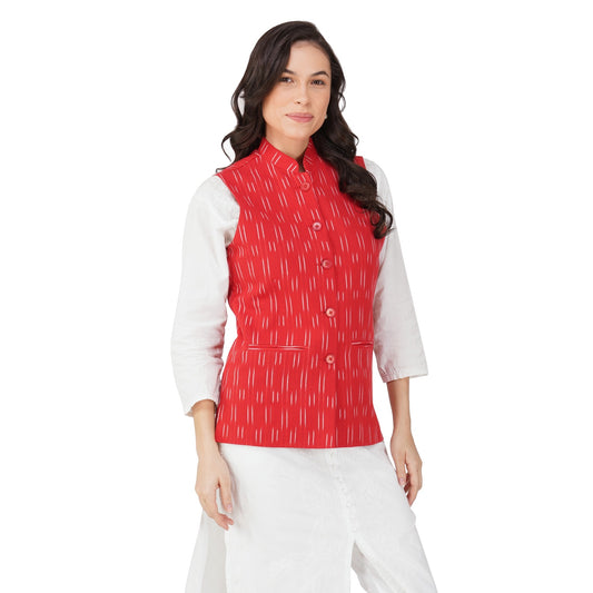 Ladies Modi Nehru Jacket / Waistcoat - Khadi Look in Mix Ikat Patterns Jacket