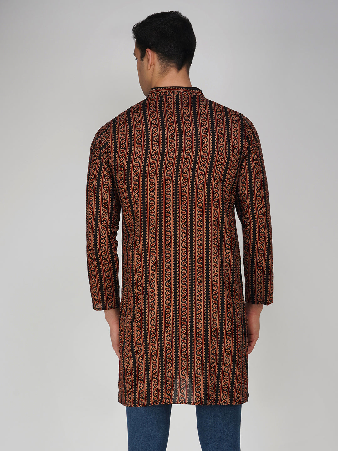 Vastraa Fusion Men's Printed Kurta Pure Cotton Long Kurta, Round Collar, Full Sleeves, Button Kurta, Ethnic Wear