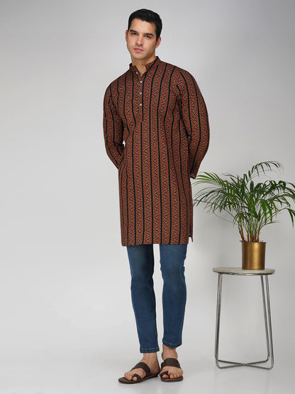 Vastraa Fusion Men's Printed Kurta Pure Cotton Long Kurta, Round Collar, Full Sleeves, Button Kurta, Ethnic Wear