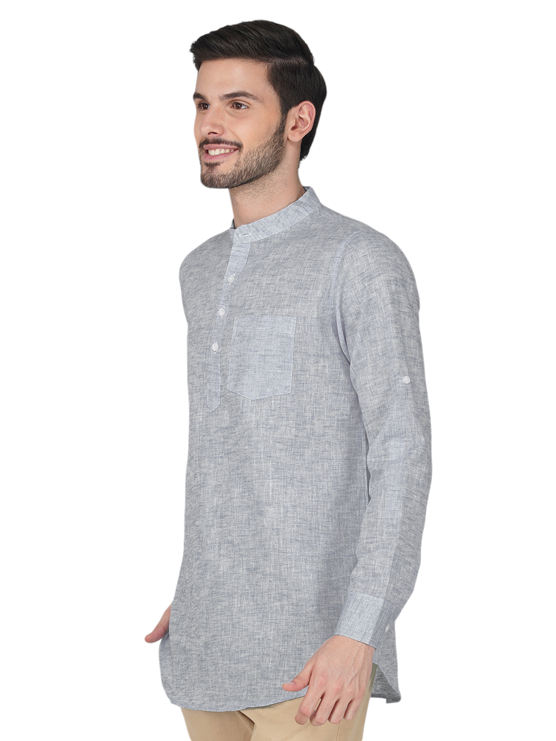 Vastraa Fusion Khadi Short Kurta For Men Casual Solid Pattern Short Kurta