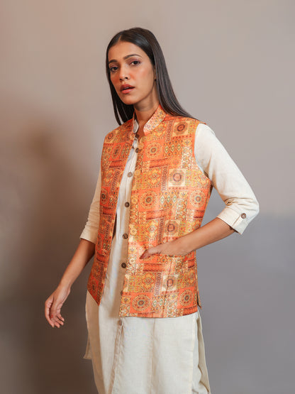 Digital Printed - Mango Silk Nehru Jacket Ladies Modi Jacket / Waistcoat