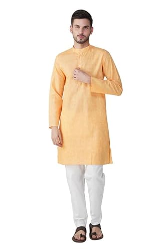 Vastraa Fusion Men's Textured Cotton Long Kurta Full Sleeves Casual Ethnic Wear Long Orange Kurta