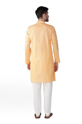 Vastraa Fusion Men's Textured Cotton Long Kurta Full Sleeves Casual Ethnic Wear Long Orange Kurta