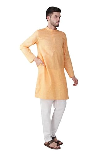 Vastraa Fusion Men's Textured Cotton Long Kurta Full Sleeves Casual Ethnic Wear Long Orange Kurta