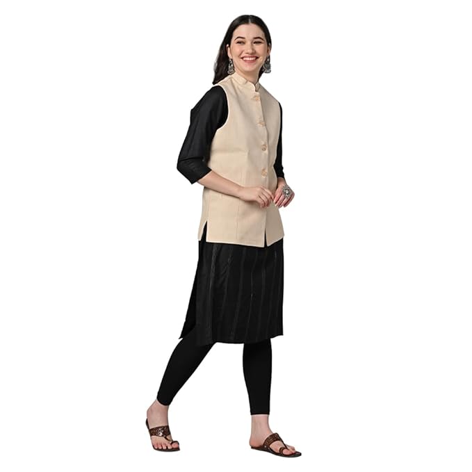 Vastraa Fusion Solid Indian Traditional Ethnic Waistcoat Festive Cotton Nehru Jacket for Women