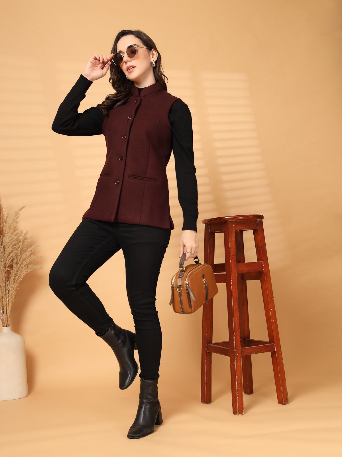 Vastraa Fusion Solid Indian Traditional Ethnic Waistcoat Festive Woolen Nehru Jacket for Women